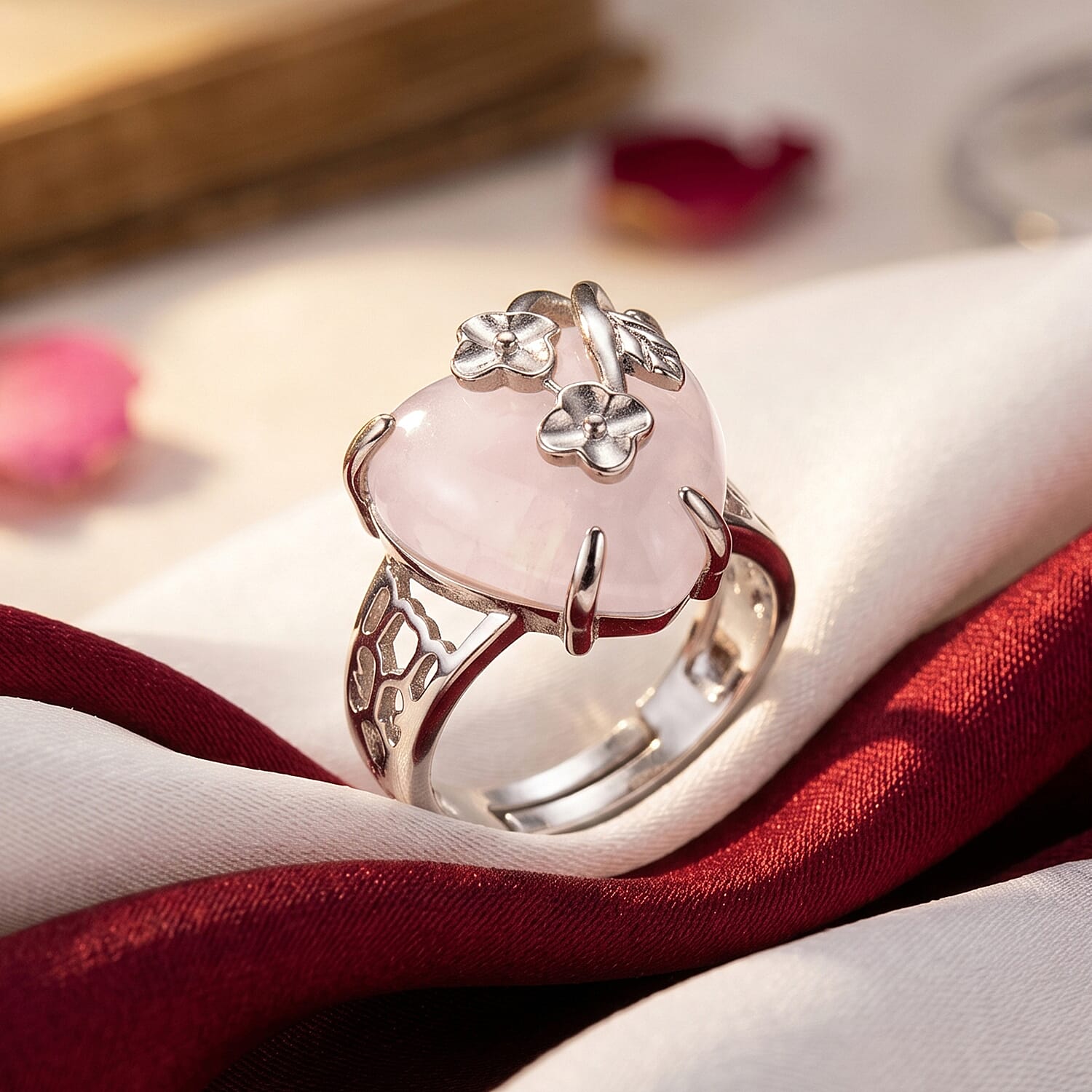 Rose Quartz 12.00 ctw Ring (Adjustable) in Silvertone