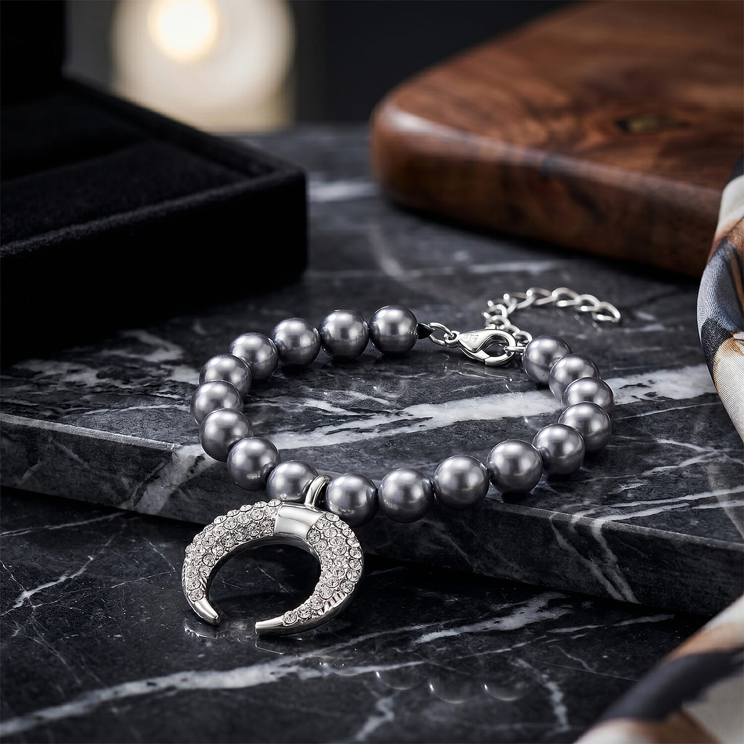 Terahertz 75.00 ctw and Austrian Crystal Beaded Bracelet with Horn Charm in Silvertone & Stainless Steel (7-9In)