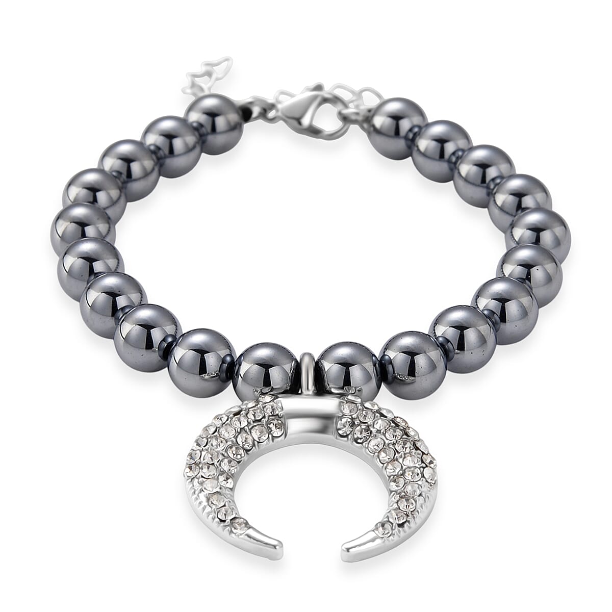 Terahertz 75.00 ctw and Austrian Crystal Beaded Bracelet with Horn Charm in Silvertone & Stainless Steel (7-9In)