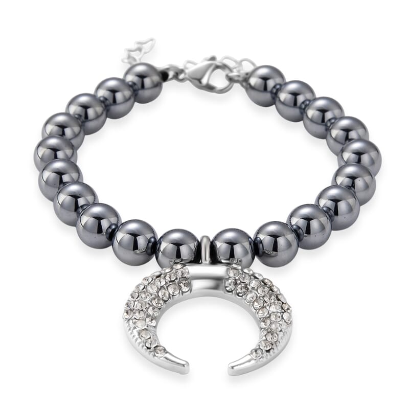 Terahertz 75.00 ctw and Austrian Crystal Beaded Bracelet with Horn Charm in Silvertone & Stainless Steel (7-9In)
