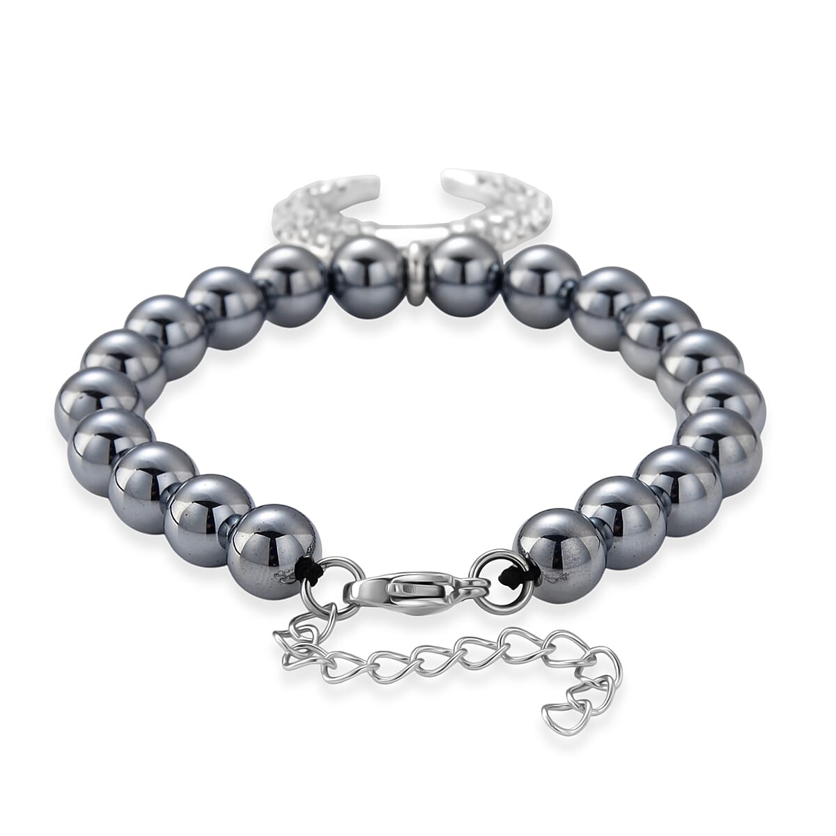 Terahertz 75.00 ctw and Austrian Crystal Beaded Bracelet with Horn Charm in Silvertone & Stainless Steel (7-9In)