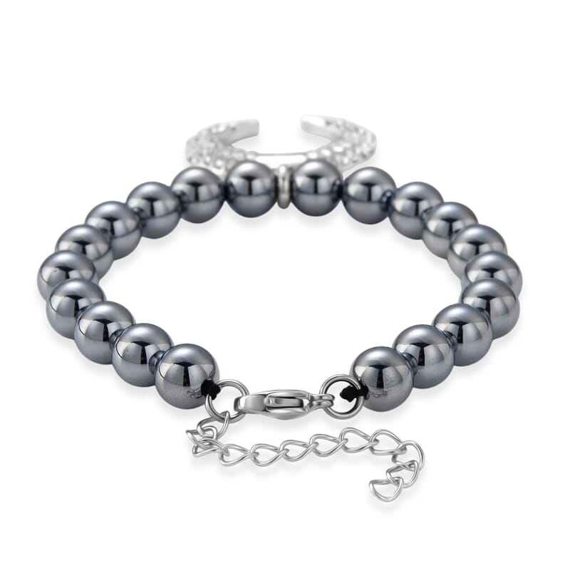 Terahertz 75.00 ctw and Austrian Crystal Beaded Bracelet with Horn Charm in Silvertone & Stainless Steel (7-9In)