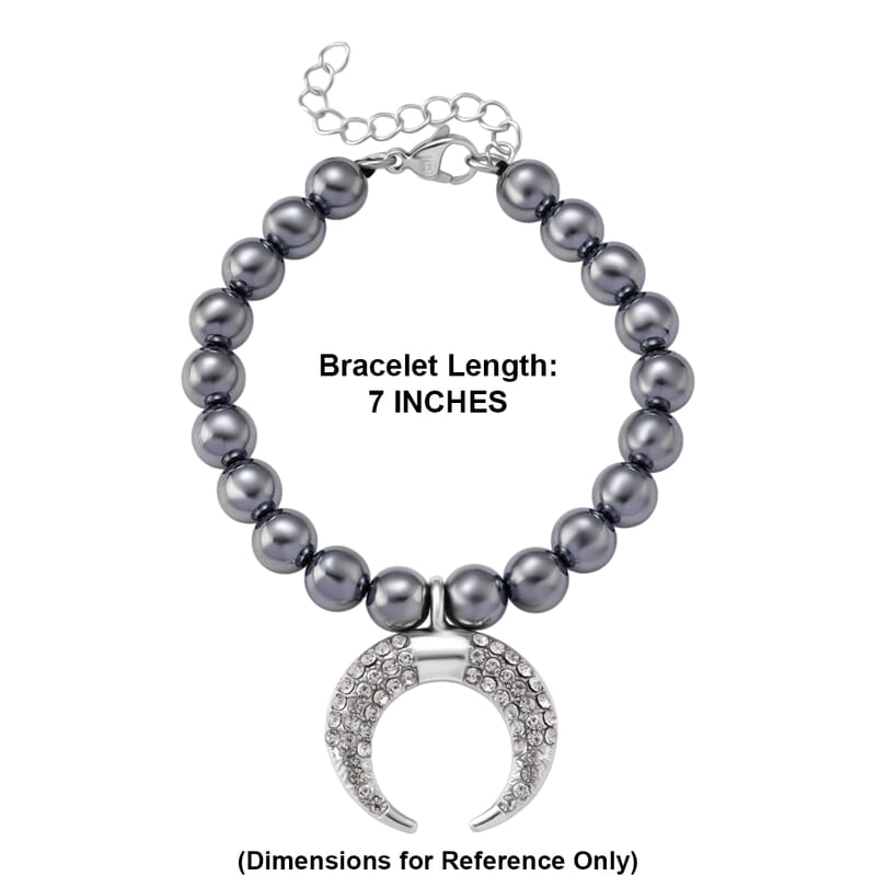 Terahertz 75.00 ctw and Austrian Crystal Beaded Bracelet with Horn Charm in Silvertone & Stainless Steel (7-9In)