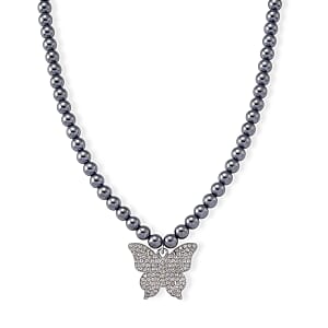 Terahertz 200.00 ctw and Austrian Crystal Beaded Necklace with Butterfly Charm (18-20 Inches) in Silvertone & Stainless Steel