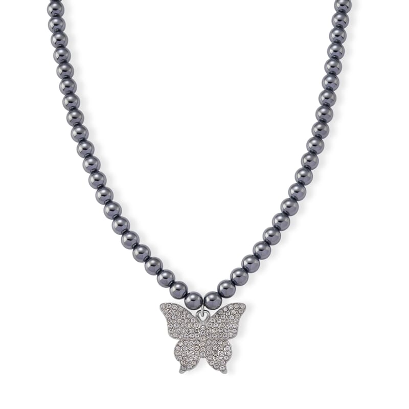 Terahertz 200.00 ctw and Austrian Crystal Beaded Necklace with Butterfly Charm (18-20 Inches) in Silvertone & Stainless Steel