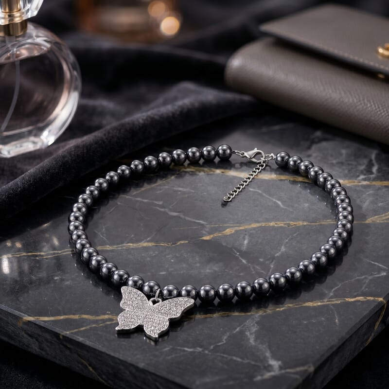Terahertz 200.00 ctw and Austrian Crystal Beaded Necklace with Butterfly Charm (18-20 Inches) in Silvertone & Stainless Steel