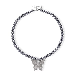 Terahertz 200.00 ctw and Austrian Crystal Beaded Necklace with Butterfly Charm (18-20 Inches) in Silvertone & Stainless Steel