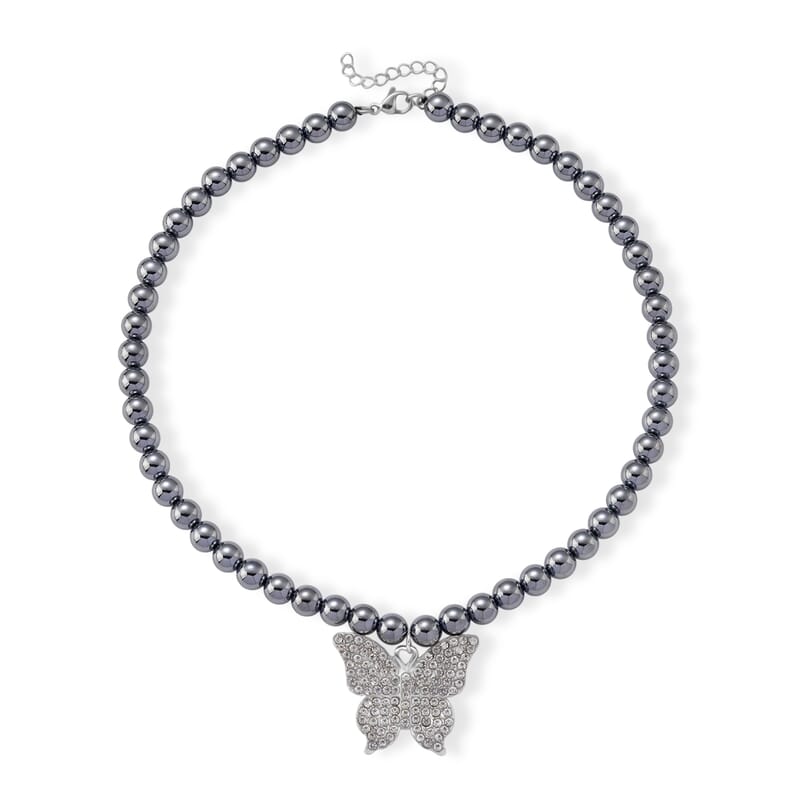 Terahertz 200.00 ctw and Austrian Crystal Beaded Necklace with Butterfly Charm (18-20 Inches) in Silvertone & Stainless Steel