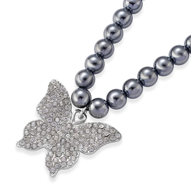 Terahertz 200.00 ctw and Austrian Crystal Beaded Necklace with Butterfly Charm (18-20 Inches) in Silvertone & Stainless Steel