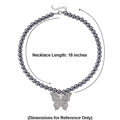 Terahertz 200.00 ctw and Austrian Crystal Beaded Necklace with Butterfly Charm (18-20 Inches) in Silvertone & Stainless Steel