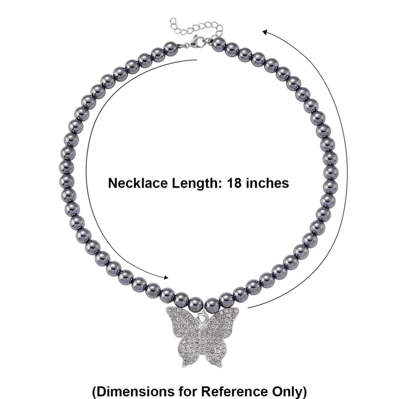 Terahertz 200.00 ctw and Austrian Crystal Beaded Necklace with Butterfly Charm (18-20 Inches) in Silvertone & Stainless Steel