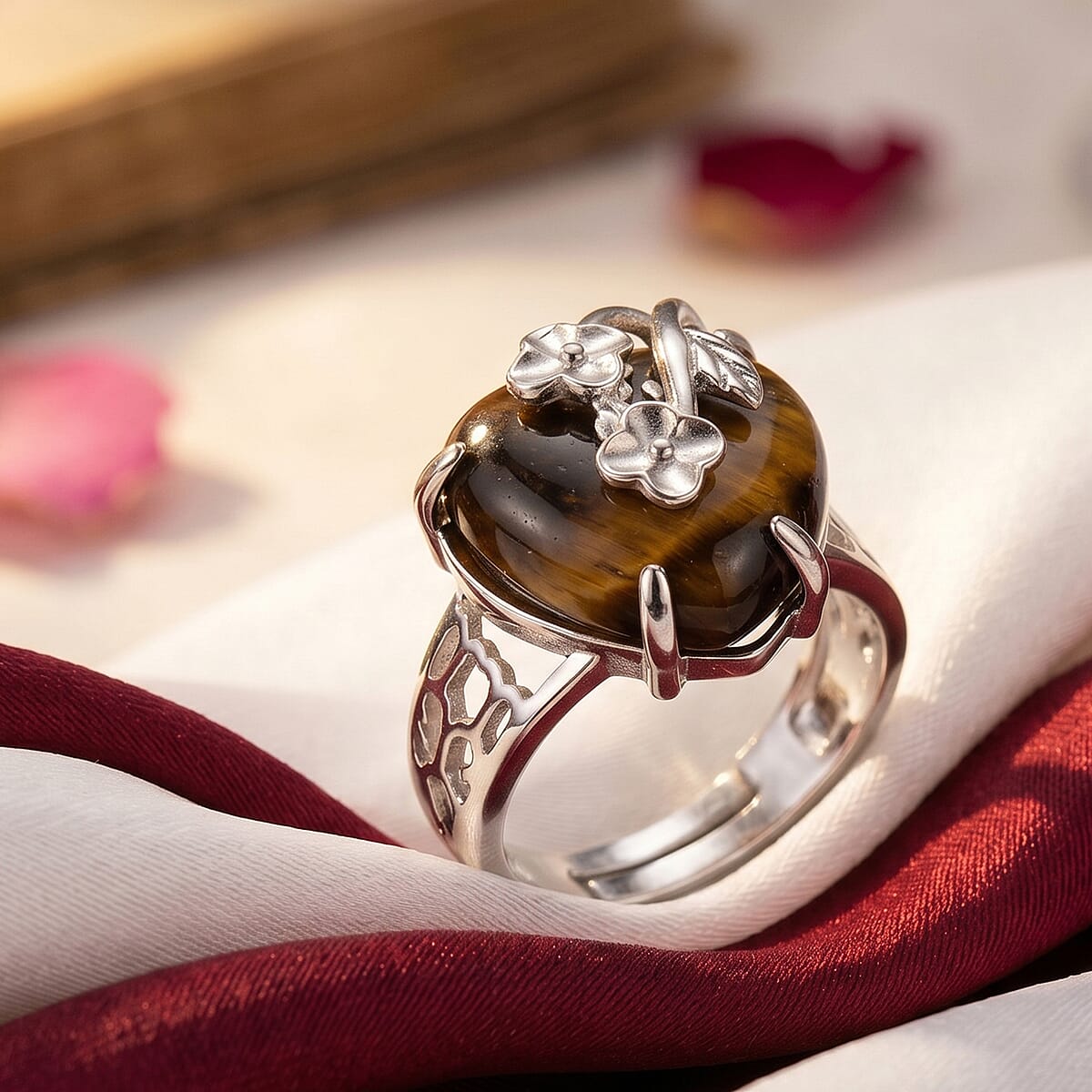 Yellow Tigers Eye 12.00 ctw Ring (Adjustable) in Silvertone image number 1