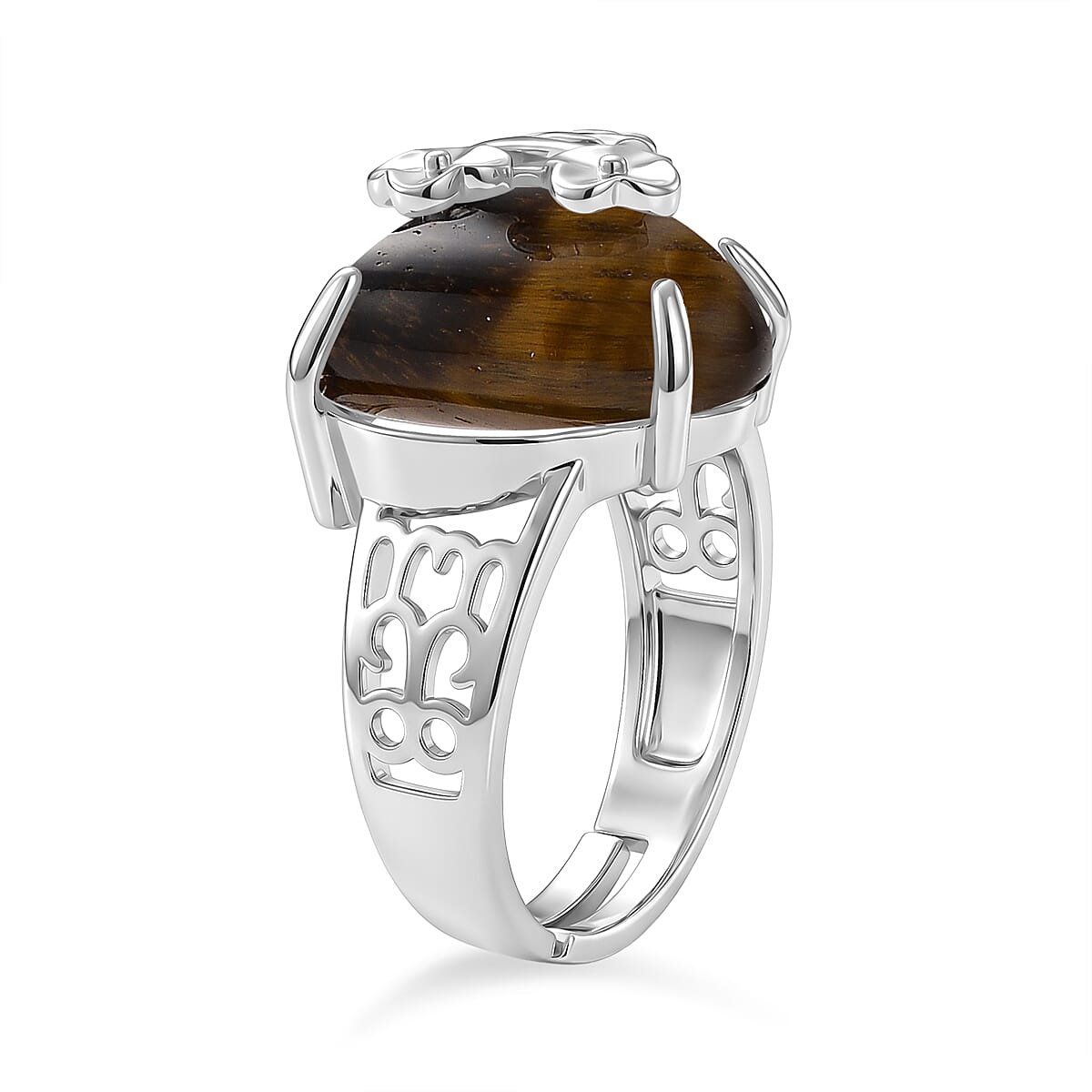 Yellow Tigers Eye 12.00 ctw Ring (Adjustable) in Silvertone image number 3