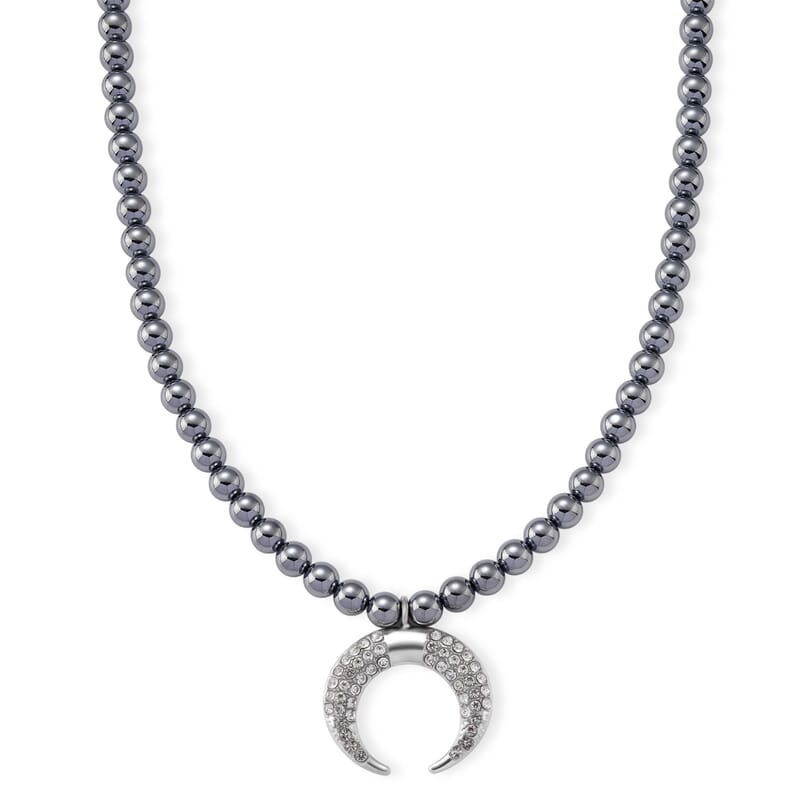 Terahertz 200.00 ctw and Austrian Crystal Beaded Necklace with Horn Charm (18-20 Inches) in Silvertone & Stainless Steel
