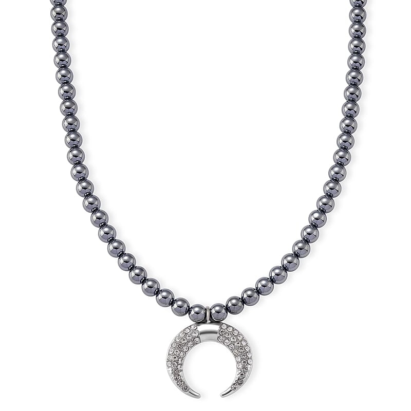 Terahertz 200.00 ctw and Austrian Crystal Beaded Necklace with Horn Charm (18-20 Inches) in Silvertone & Stainless Steel
