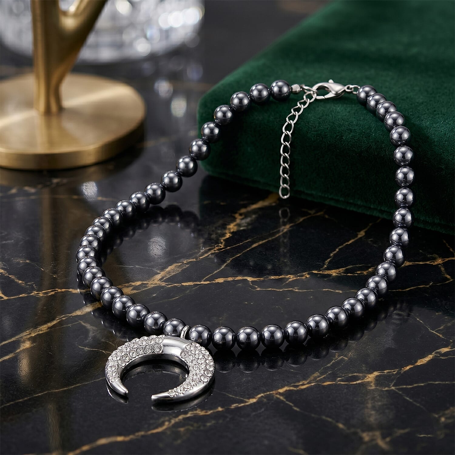 Terahertz 200.00 ctw and Austrian Crystal Beaded Necklace with Horn Charm (18-20 Inches) in Silvertone & Stainless Steel