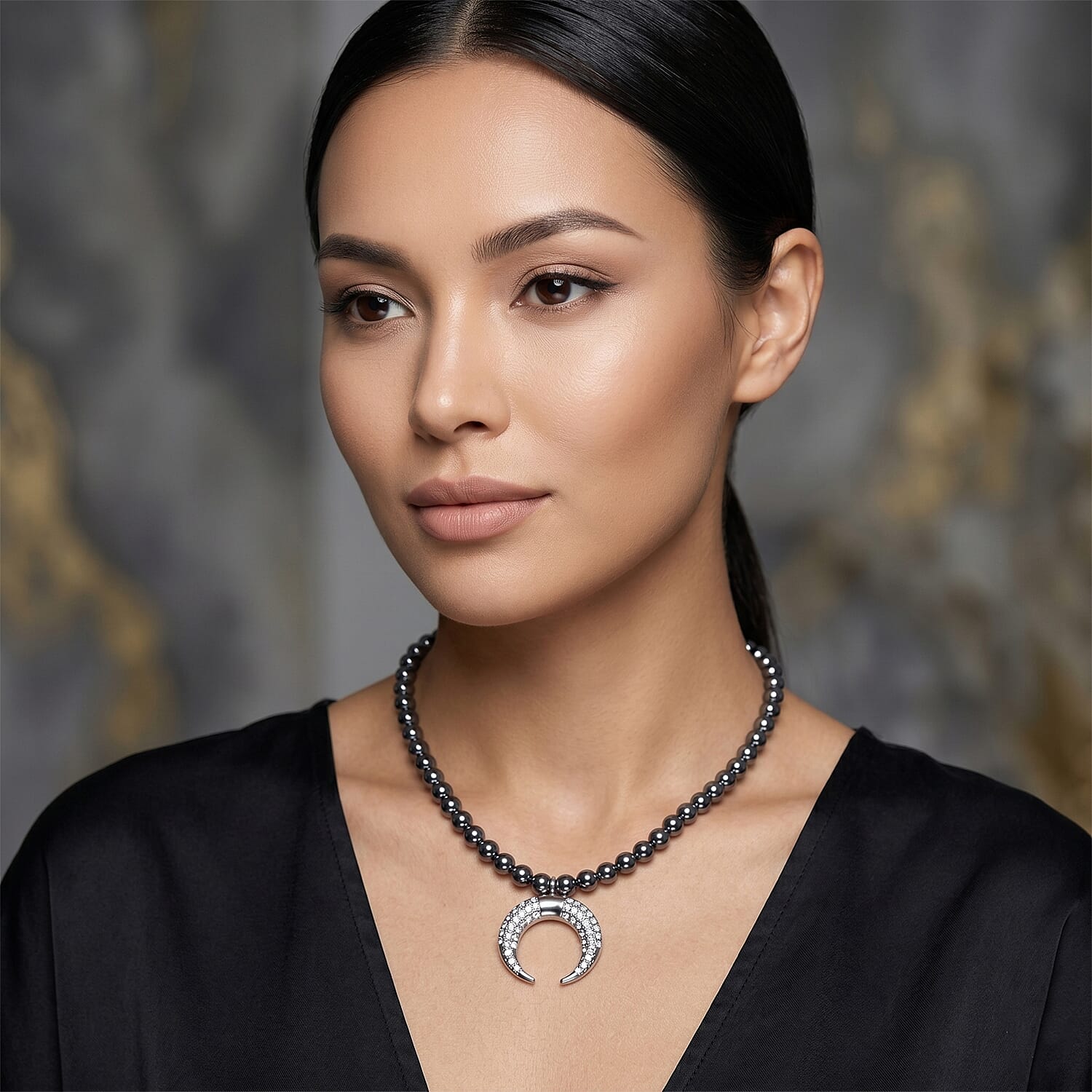 Terahertz 200.00 ctw and Austrian Crystal Beaded Necklace with Horn Charm (18-20 Inches) in Silvertone & Stainless Steel