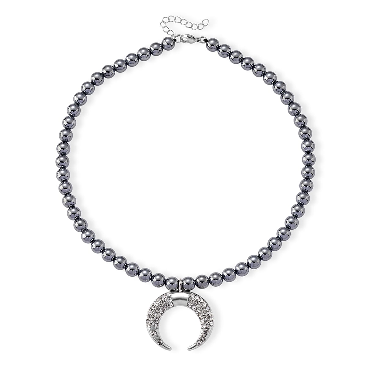 Terahertz 200.00 ctw and Austrian Crystal Beaded Necklace with Horn Charm (18-20 Inches) in Silvertone & Stainless Steel