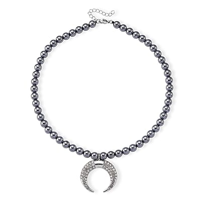 Terahertz 200.00 ctw and Austrian Crystal Beaded Necklace with Horn Charm (18-20 Inches) in Silvertone & Stainless Steel