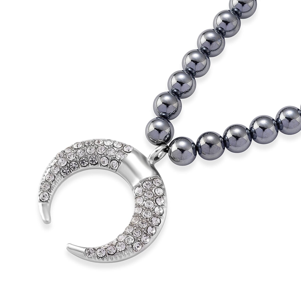 Terahertz 200.00 ctw and Austrian Crystal Beaded Necklace with Horn Charm (18-20 Inches) in Silvertone & Stainless Steel