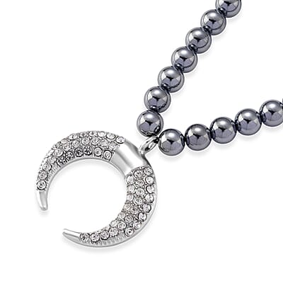 Terahertz 200.00 ctw and Austrian Crystal Beaded Necklace with Horn Charm (18-20 Inches) in Silvertone & Stainless Steel