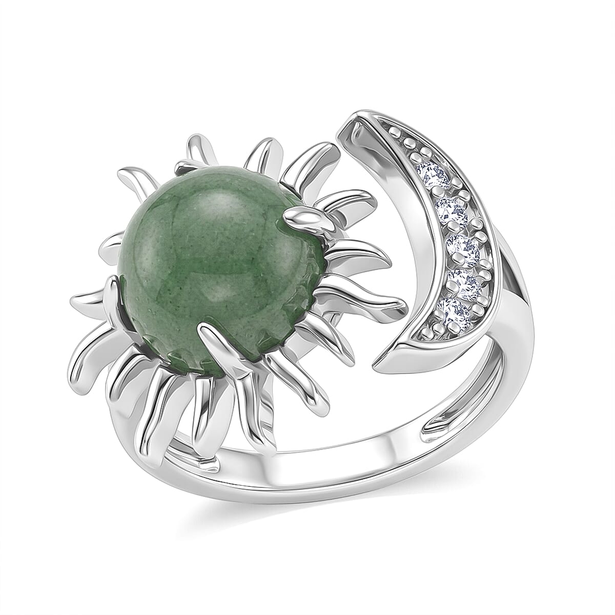 Green Aventurine, Simulated Diamond Ring (Adjustable) in Silvertone 9.00 ctw