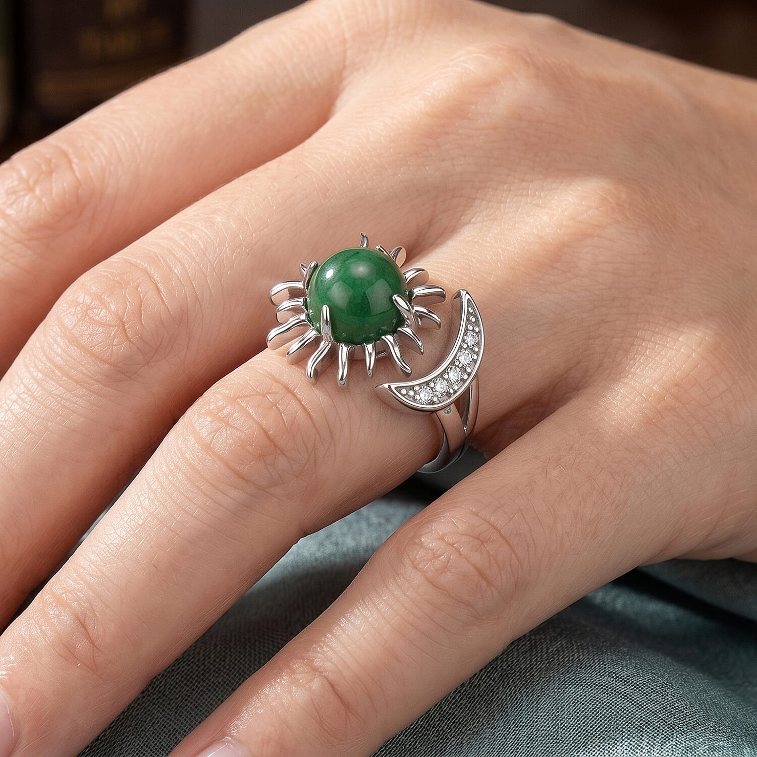 Green Aventurine and Simulated Diamond 9.00 ctw Ring (Adjustable) in Silvertone