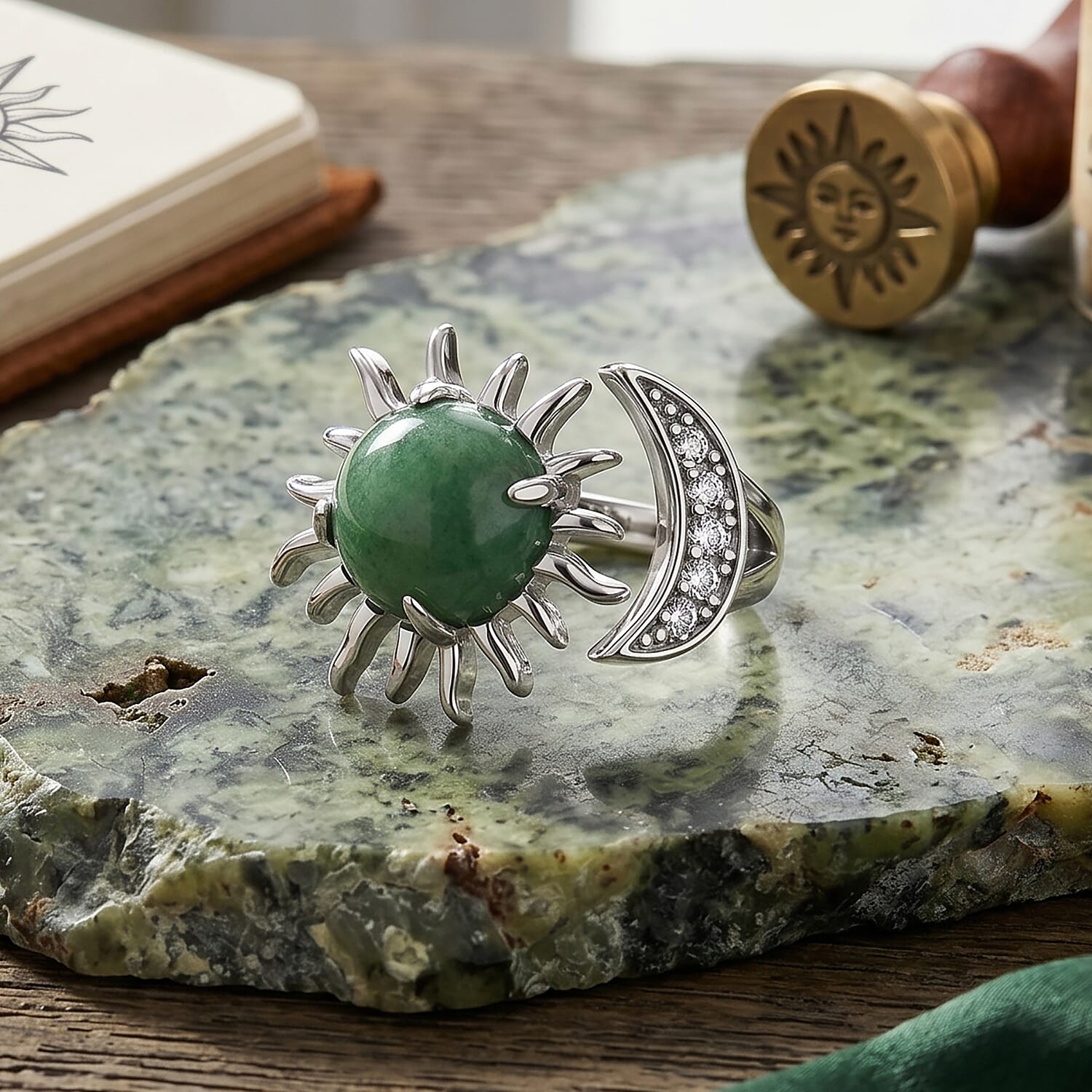 Green Aventurine and Simulated Diamond 9.00 ctw Ring (Adjustable) in Silvertone