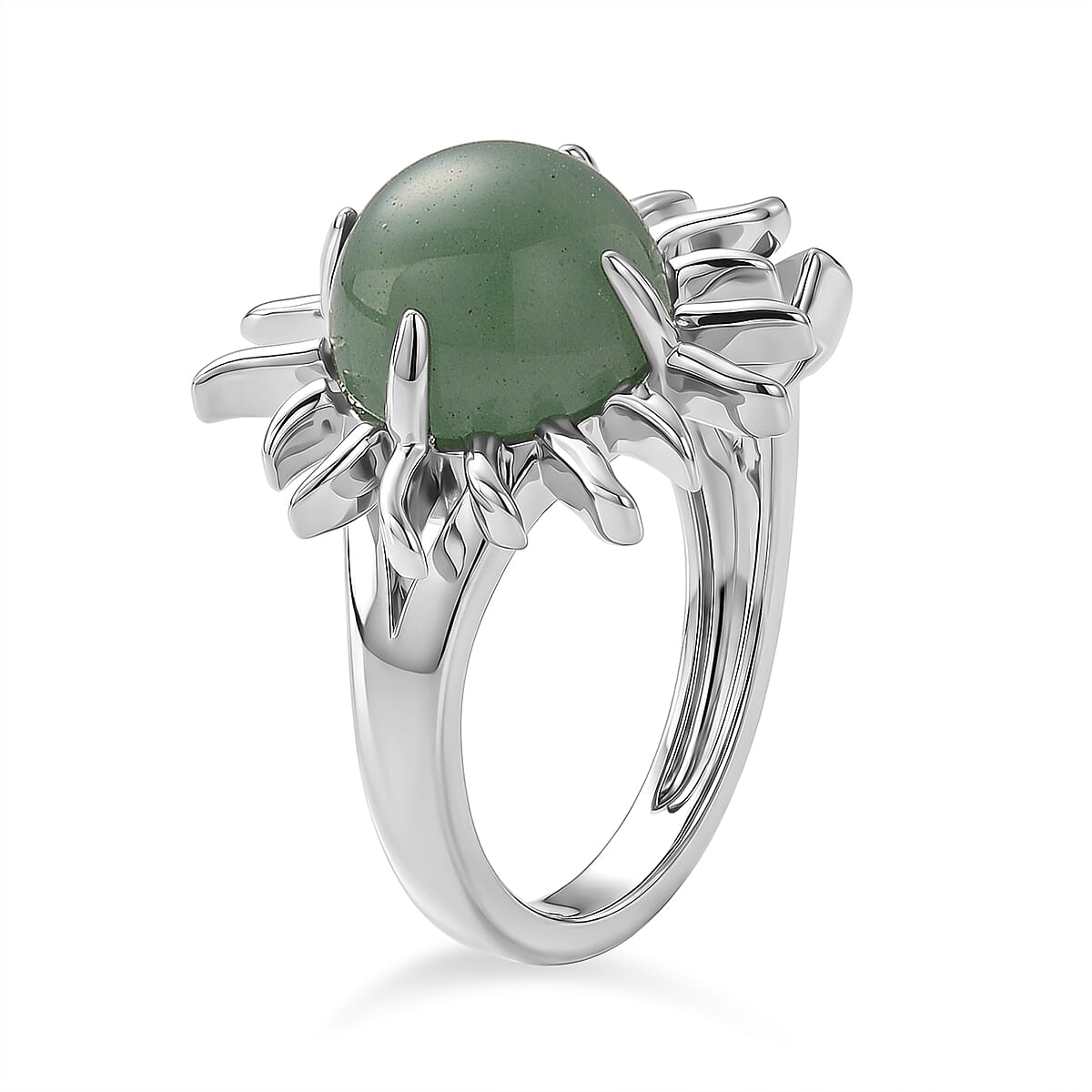 Green Aventurine and Simulated Diamond 9.00 ctw Ring (Adjustable) in Silvertone