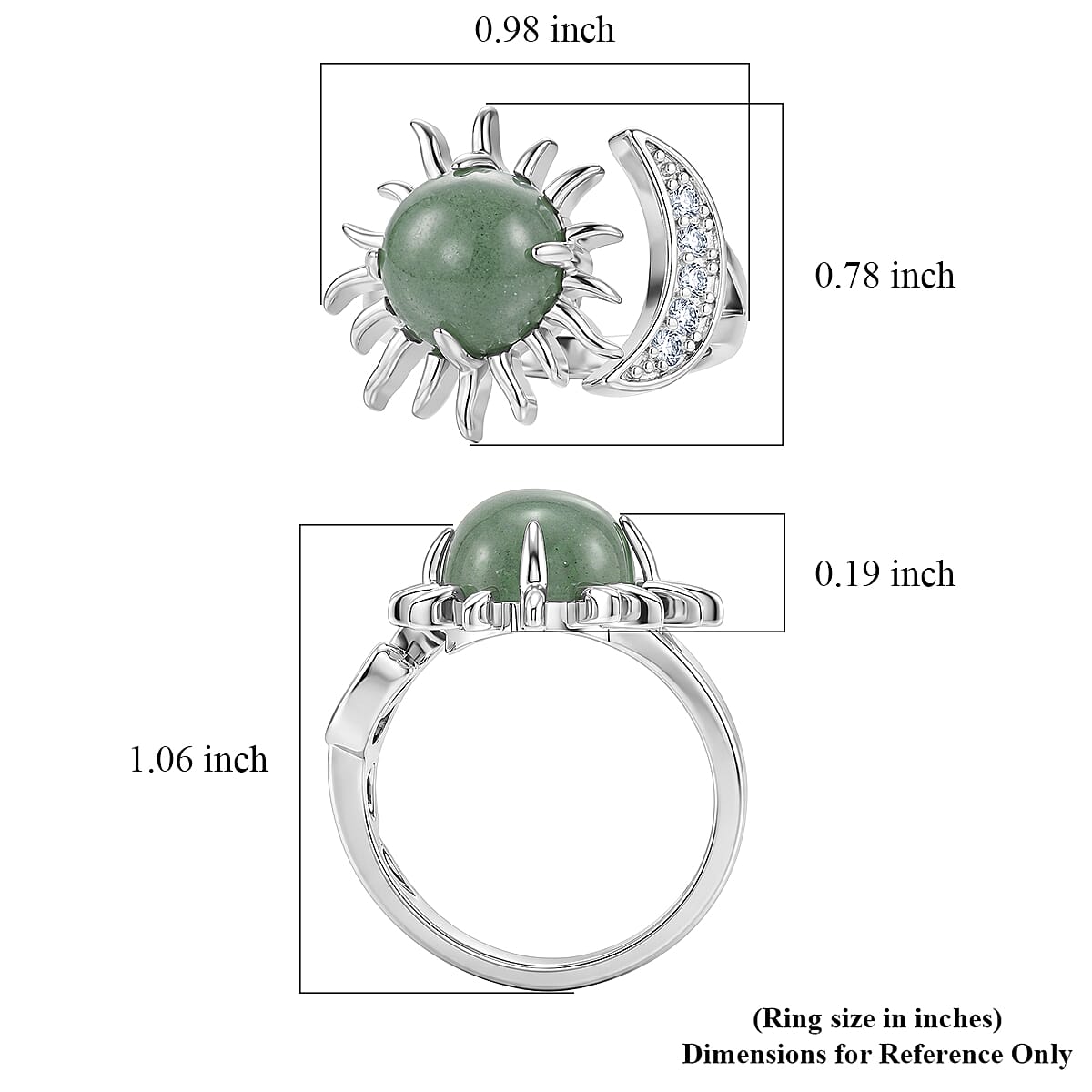 Green Aventurine and Simulated Diamond 9.00 ctw Ring (Adjustable) in Silvertone