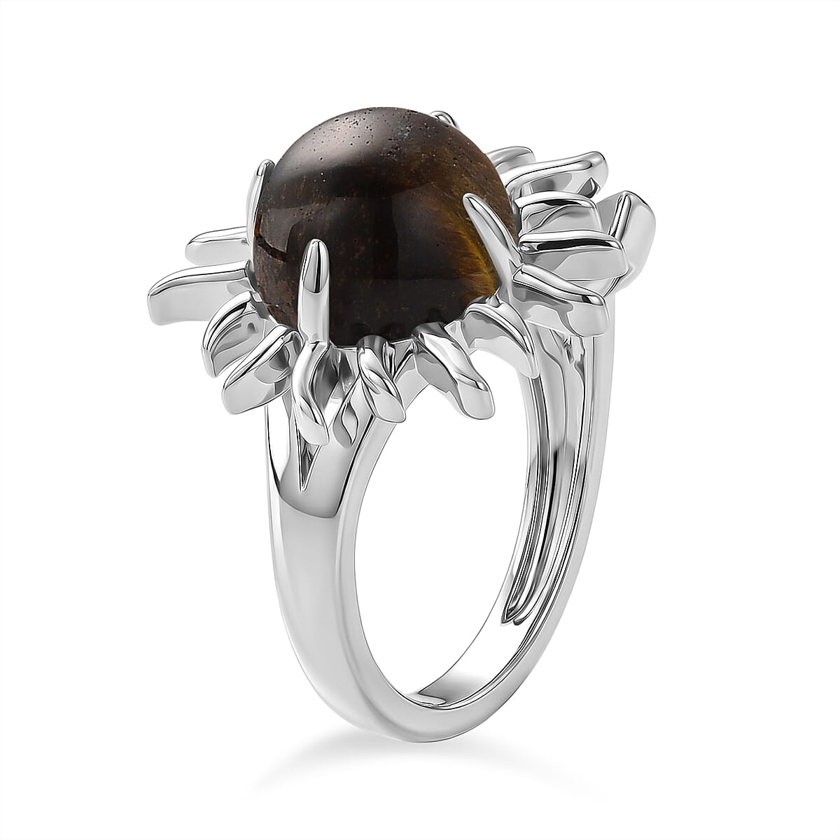 Yellow Tigers Eye and Simulated Diamond 9.00 ctw Ring (Adjustable) in Silvertone