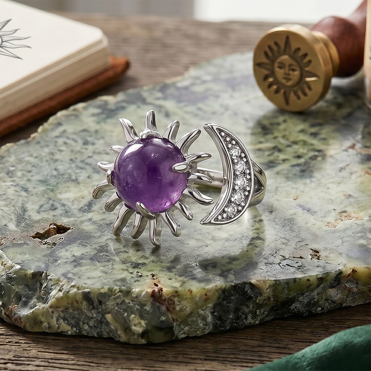 African Amethyst and Simulated Diamond 9.00 ctw Ring (Adjustable) in Silvertone image number 1