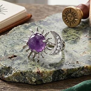 African Amethyst and Simulated Diamond 9.00 ctw Ring (Adjustable) in Silvertone