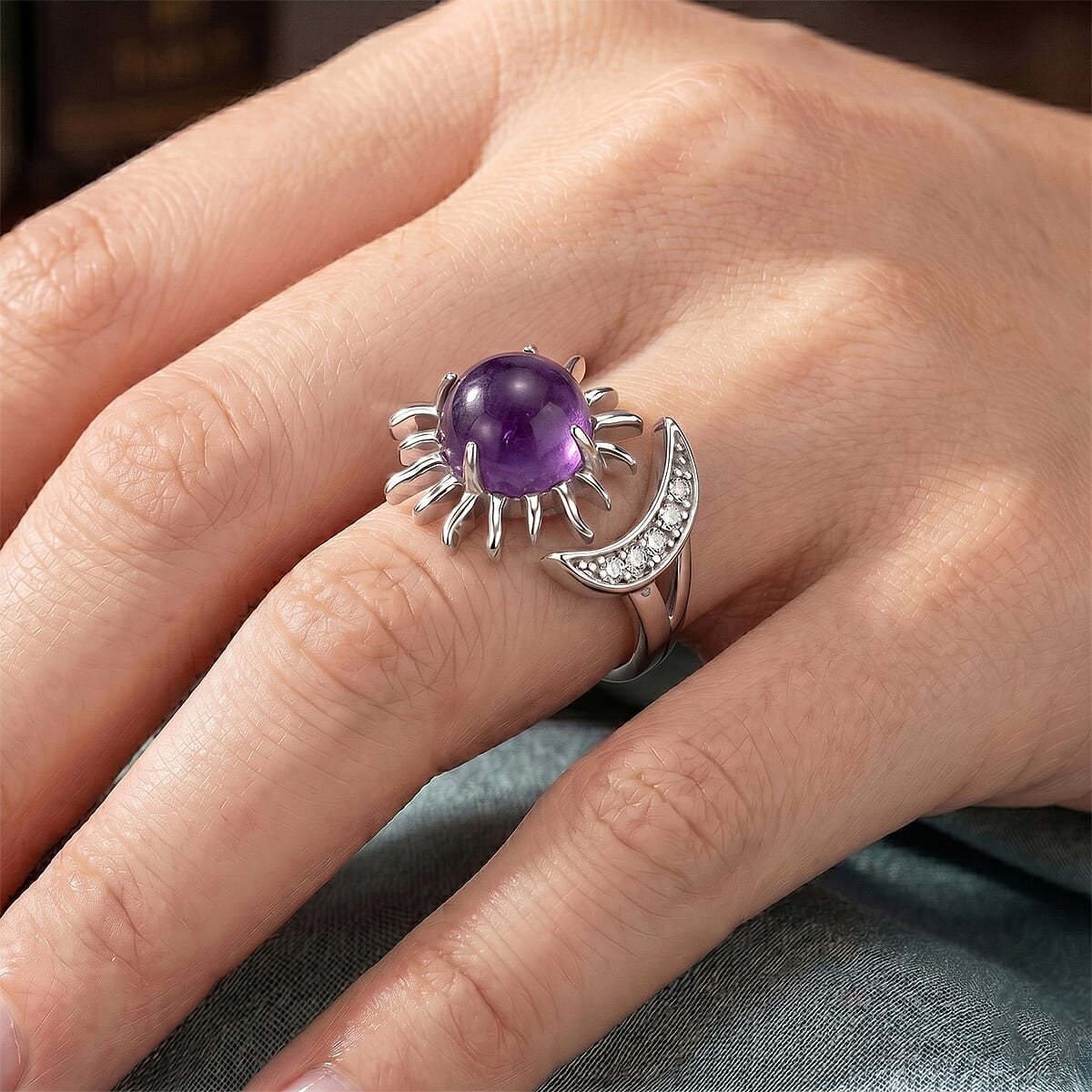 African Amethyst and Simulated Diamond 9.00 ctw Ring (Adjustable) in Silvertone image number 2