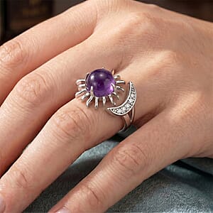 African Amethyst and Simulated Diamond 9.00 ctw Ring (Adjustable) in Silvertone