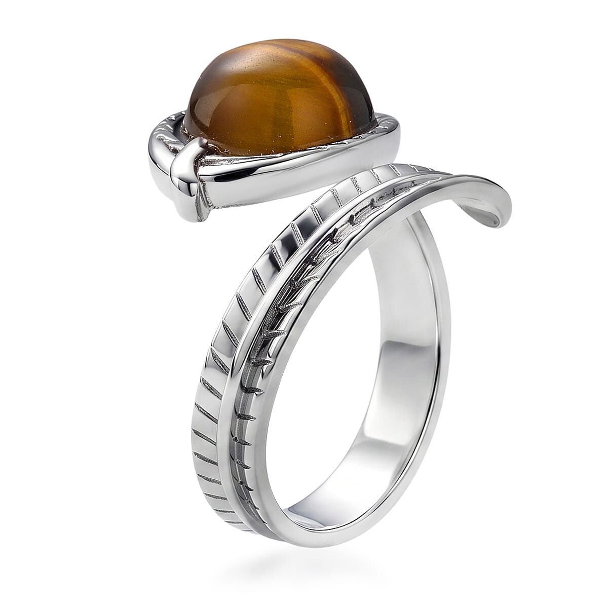 Yellow Tigers Eye 7.00 ctw Ring (Adjustable) in Silvertone image number 3