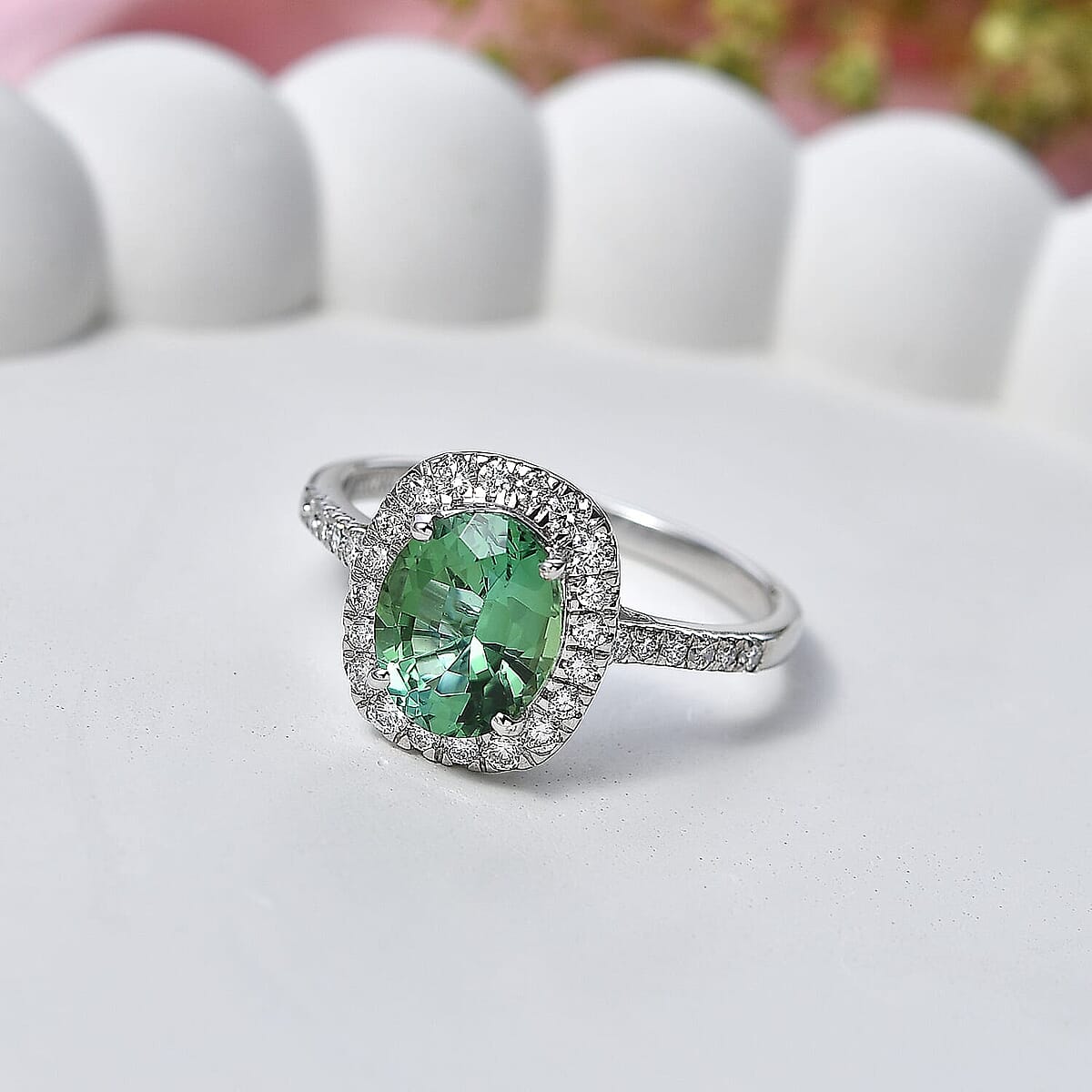 Certified & Appraised Luxoro 10K White Gold AAA Mint Tourmaline, Diamond (G-H, SI) (0.54 cts) Ring (Size 10.0) 3.00 ctw image number 1