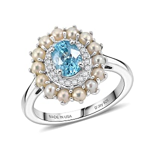 D'Joy Premium Cambodian Blue Zircon, Multi Gemstone Ring in Rhodium Over Sterling Silver (Size 10.0) 1.50 ctw