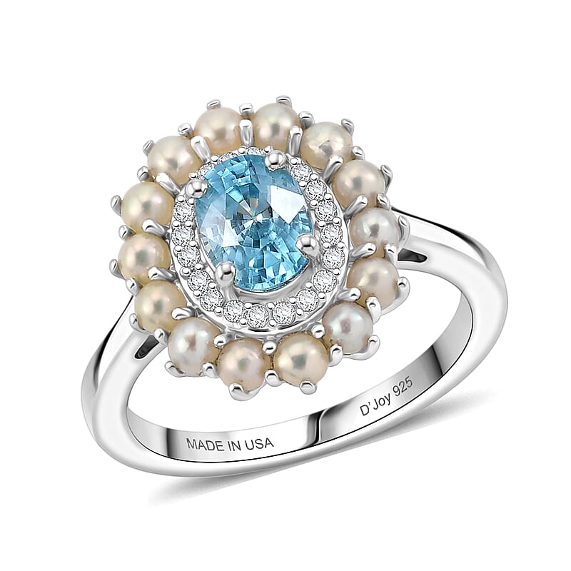D'Joy Premium Cambodian Blue Zircon and Multi Gemstone 1.50 ctw Pearl Treasure Ring in Rhodium Over Sterling Silver (Size 10.0)