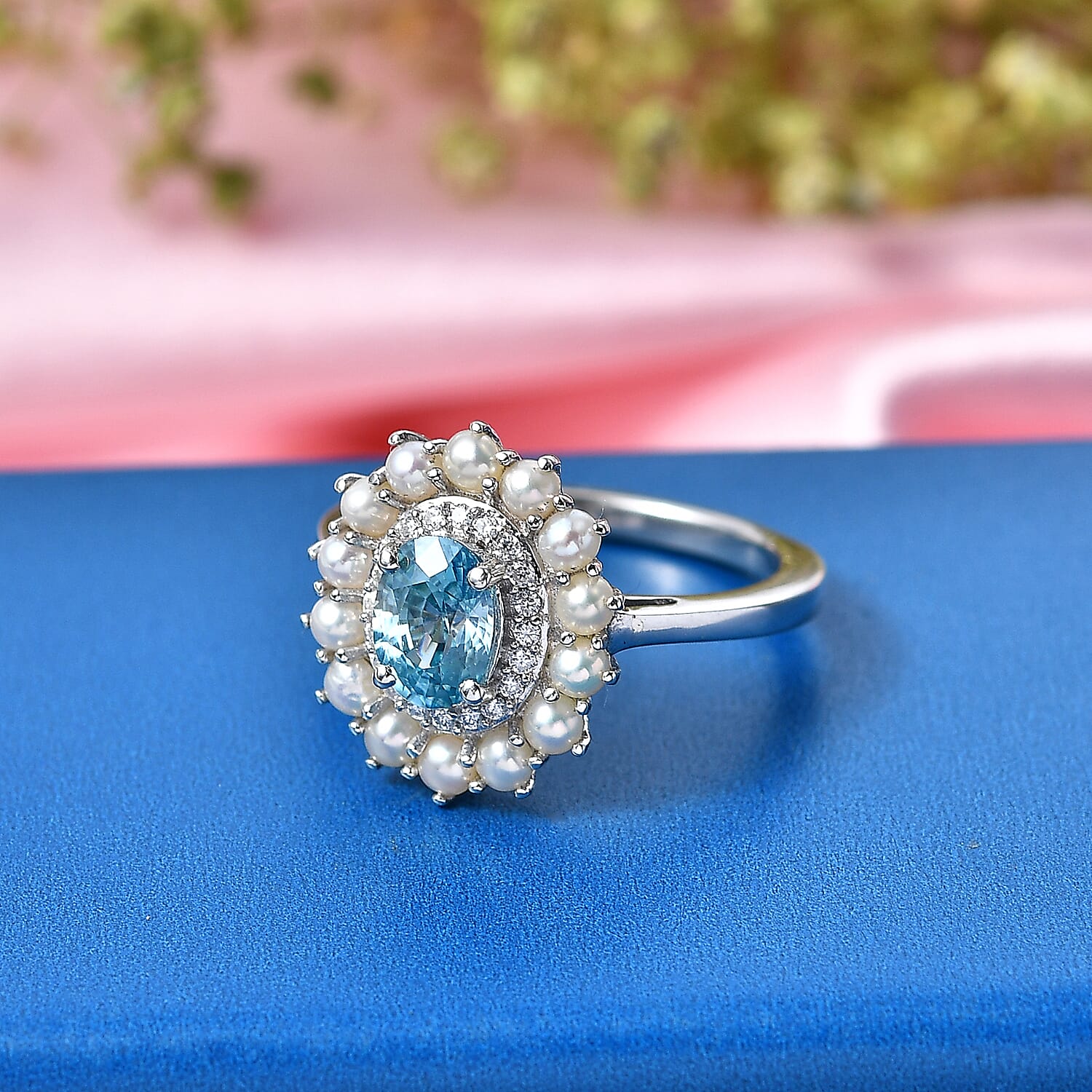 D'Joy Premium Cambodian Blue Zircon and Multi Gemstone 1.50 ctw Pearl Treasure Ring in Rhodium Over Sterling Silver (Size 10.0)