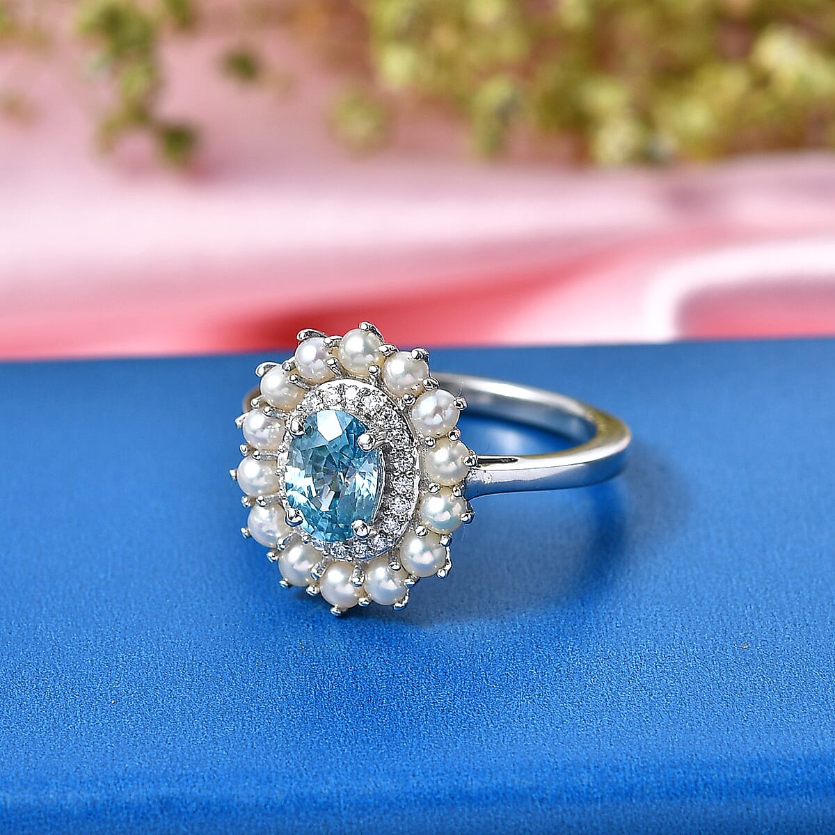 D'Joy Premium Cambodian Blue Zircon, Multi Gemstone Ring in Rhodium Over Sterling Silver (Size 10.0) 1.50 ctw image number 1