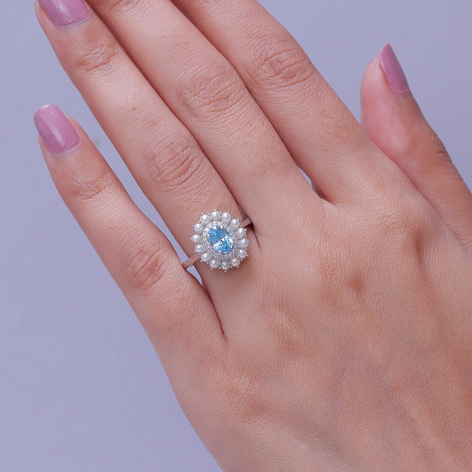 D'Joy Premium Cambodian Blue Zircon and Multi Gemstone 1.50 ctw Pearl Treasure Ring in Rhodium Over Sterling Silver (Size 10.0)