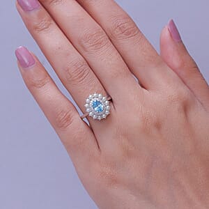 D'Joy Premium Cambodian Blue Zircon, Multi Gemstone Ring in Rhodium Over Sterling Silver (Size 10.0) 1.50 ctw