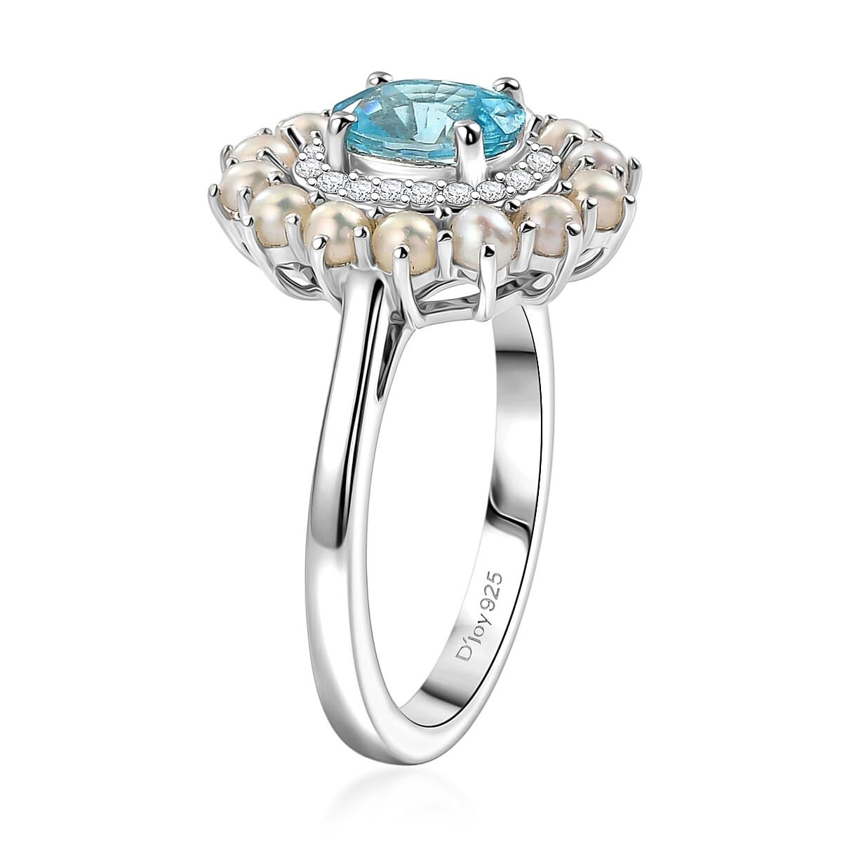 D'Joy Premium Cambodian Blue Zircon and Multi Gemstone 1.50 ctw Pearl Treasure Ring in Rhodium Over Sterling Silver (Size 10.0)