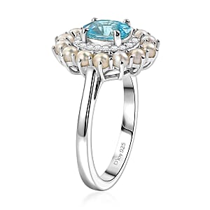 D'Joy Premium Cambodian Blue Zircon, Multi Gemstone Ring in Rhodium Over Sterling Silver (Size 10.0) 1.50 ctw