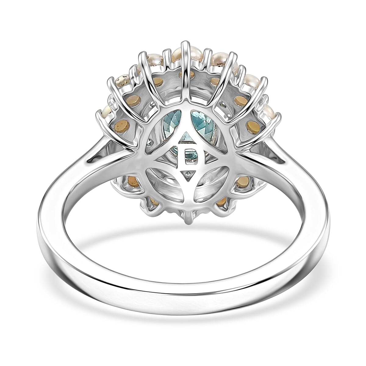 D'Joy Premium Cambodian Blue Zircon and Multi Gemstone 1.50 ctw Pearl Treasure Ring in Rhodium Over Sterling Silver (Size 10.0)