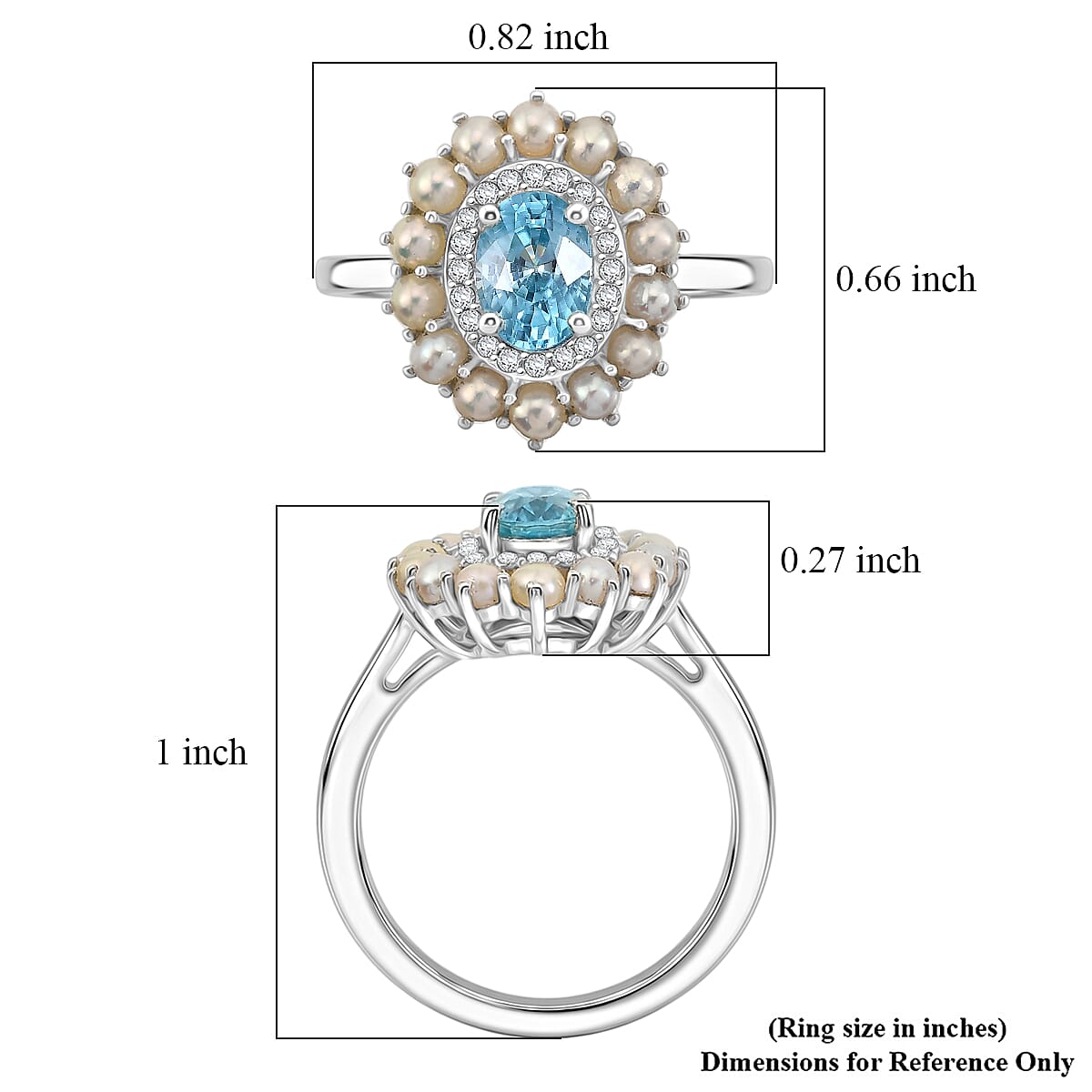 D'Joy Premium Cambodian Blue Zircon and Multi Gemstone 1.50 ctw Pearl Treasure Ring in Rhodium Over Sterling Silver (Size 10.0)