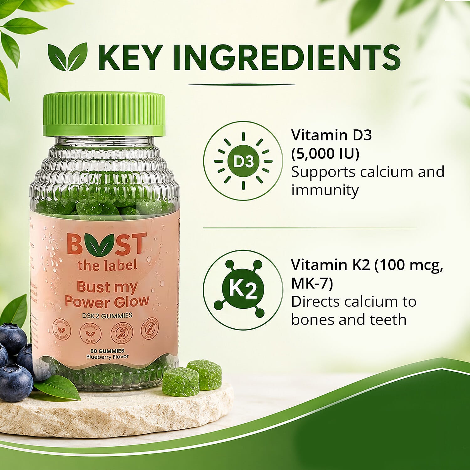 Bust My Power Glow D3K2 Dietary Supplement (60 Gummies) Made in US