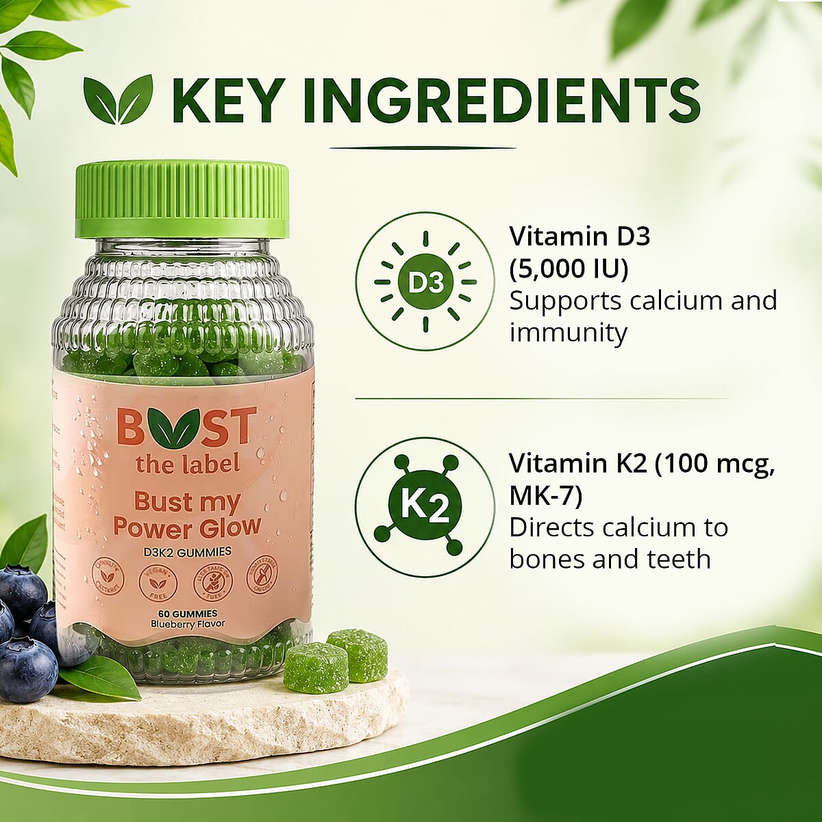 Bust My Power Glow D3K2 Dietary Supplement (60 Gummies) Made in US image number 2