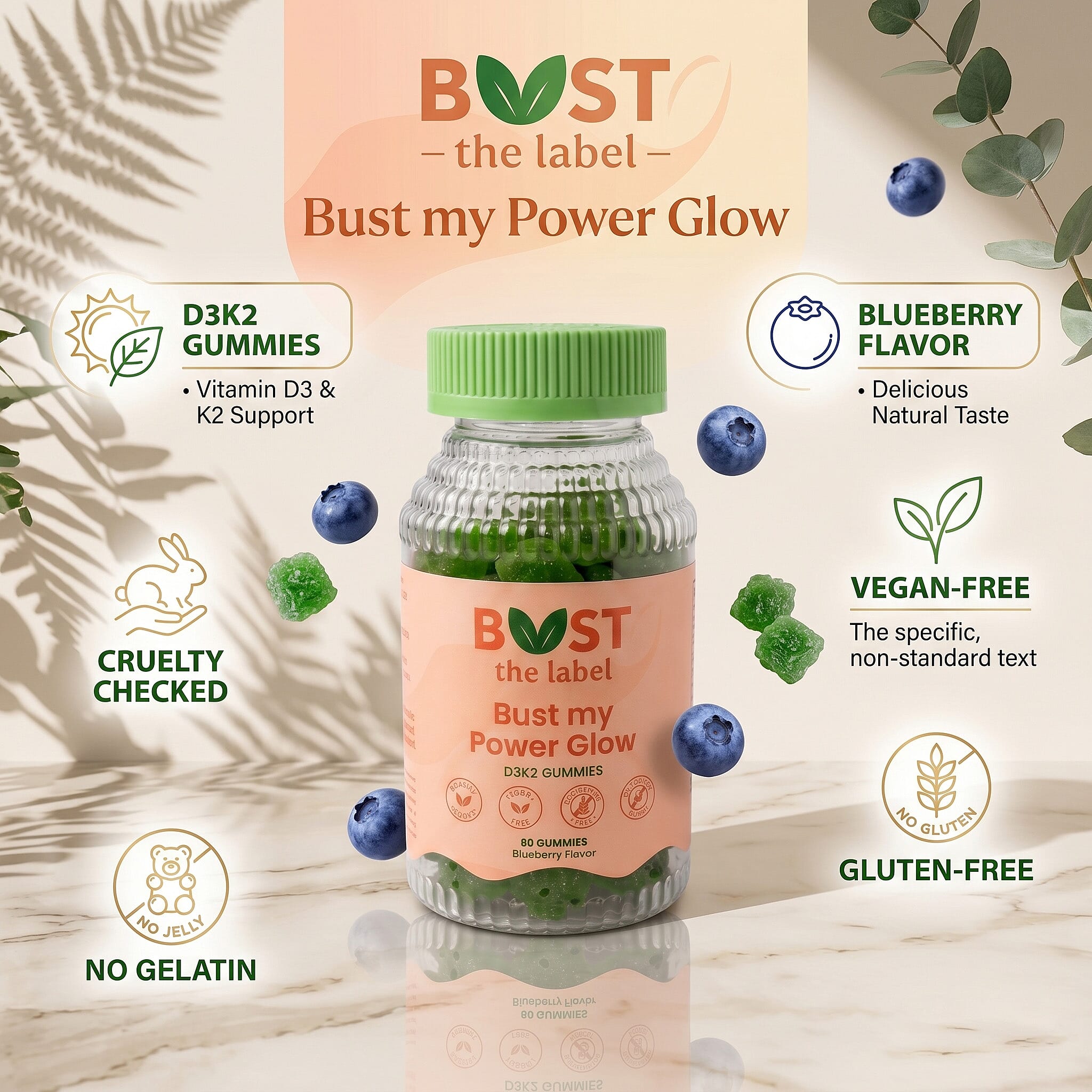 Bust My Power Glow D3K2 Dietary Supplement (60 Gummies) Made in US